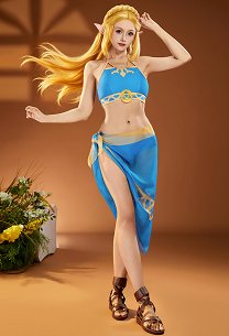 Miccostumes Swimsuits Conjunto de Bikini Azul Halter con Cordones en el Sostén  y Falda Bañador de Dos Piezas con Vestido de Velo