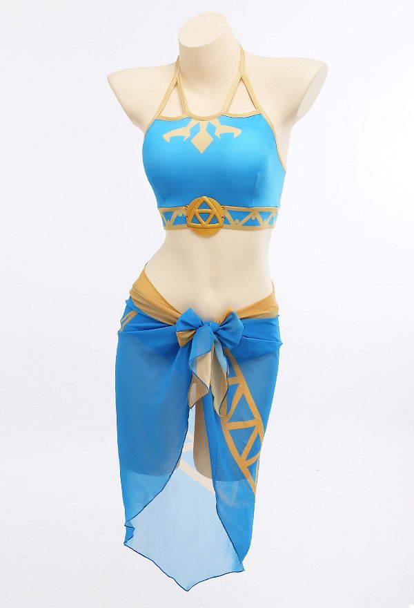 Miccostumes Swimsuits Conjunto de Bikini Azul Halter con Cordones en el Sostén  y Falda Bañador de Dos Piezas con Vestido de Velo