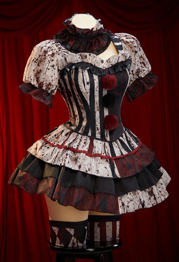 Conjunto de Vestido con Estampado de Sangre Derivado de Terrifier de Rayas con Bloques de Color con Mangas y Calcetines