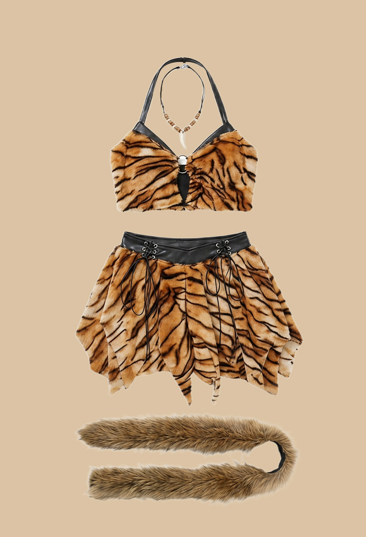 Costume de chasseuse des Croods tenue à imprimé tigre haut sans manches et jupe avec col en fourrure et chauffe-bras