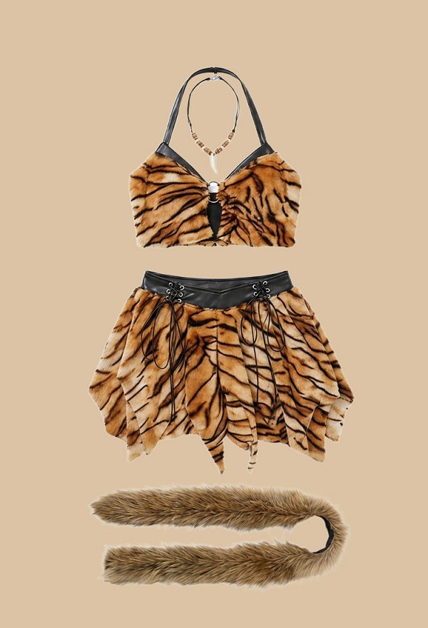 The Croods Huntress Cavewoman Costume Tiger-printed Outfit Sleevless Top and Skirt with Fur Collar and Arm Warmers