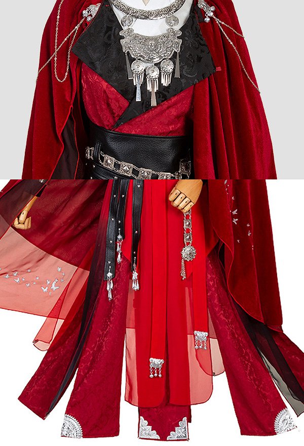 Tian Guan Ci Fu Heaven Official's Blessing Desparate Ghost King Hua Cheng Nether Song Crossing Collar Hanfu Chinese Traditional Cosplay Costume Full Set with Armguard Groups and Neck Accessory