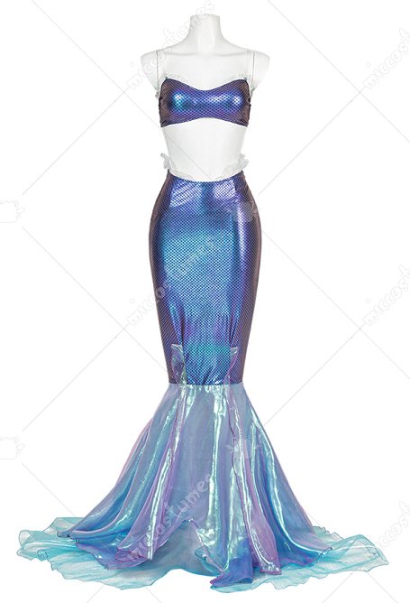 Meerjungfrau Cosplay Kostüm Blaues Glänzendes Bikini Top und Meerjungfrauen Rock