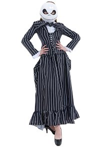 Sweet Nightmare Striped Halloween Uniform Set Black and White Front Lace Up Ruffle Decorated Hemline Uniform with Tie
