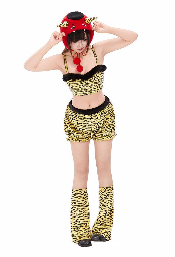 Halloween Japanese Red Oni Tiger Pattern Outfit Top and Shorts with Leg Warmers and Hat