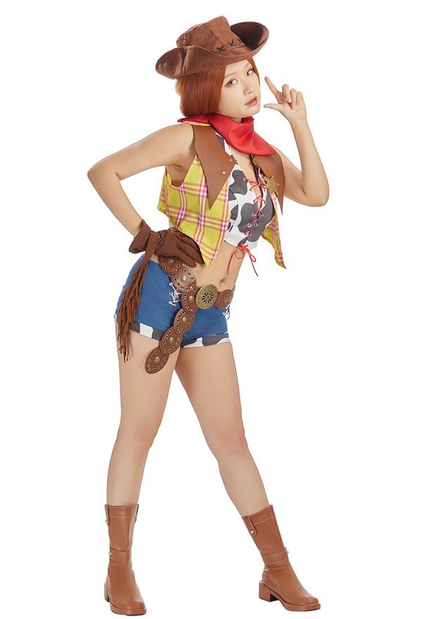 Disfraz de vaquera Woody de Toy Story: camiseta sin mangas y chaleco con pantalones cortos y sombrero