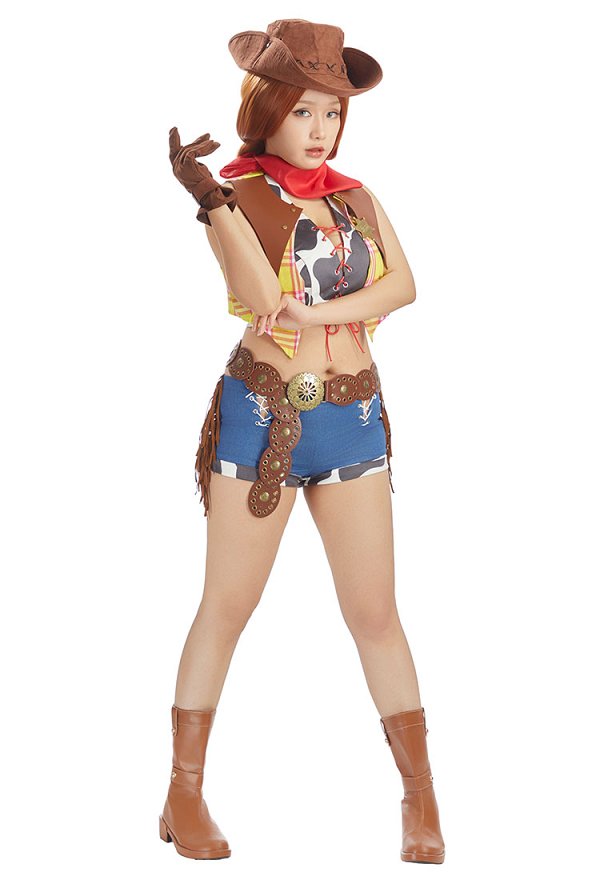 Disfraz de vaquera Woody de Toy Story: camiseta sin mangas y chaleco con pantalones cortos y sombrero