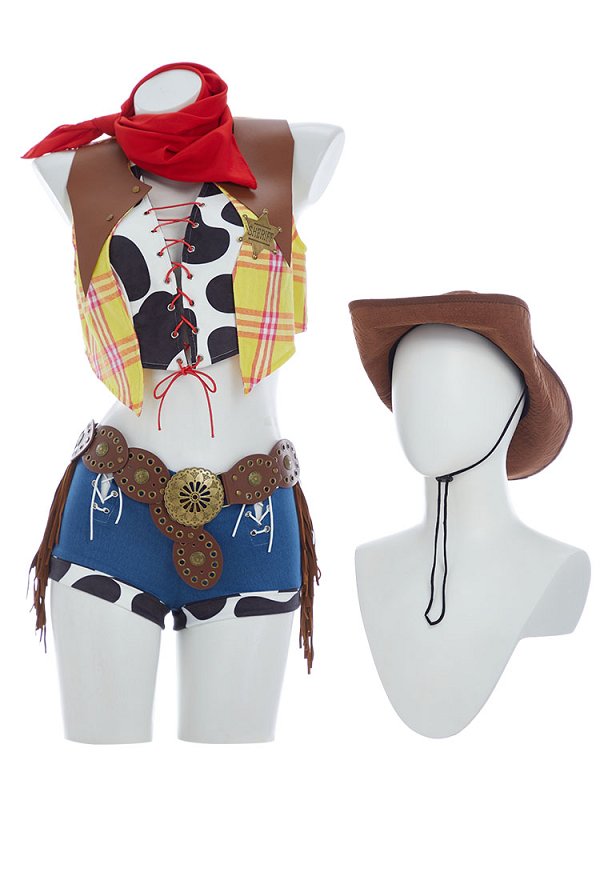 Disfraz de vaquera Woody de Toy Story: camiseta sin mangas y chaleco con pantalones cortos y sombrero