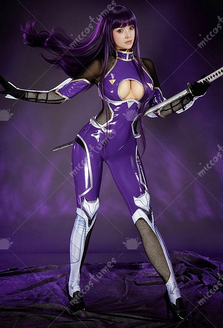 Taimanin Asagi Rinko Akiyama Cosplay Costume Bodysuit with Arm Bracers and Gloves