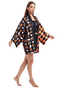 Halloween Dark Style Cartoon Pumpkin Lantern and Diamond Grid Pattern Kimono Cover-Up Cosplay Costume Outfit