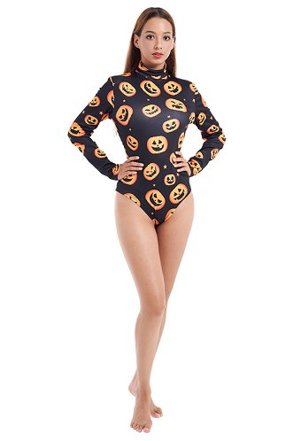 Justaucorps à Manches Longues T-shirt Une Pièce Halloween Cosplay Costume avec Imprimé de Lanterne Citrouille Couleur Foncée