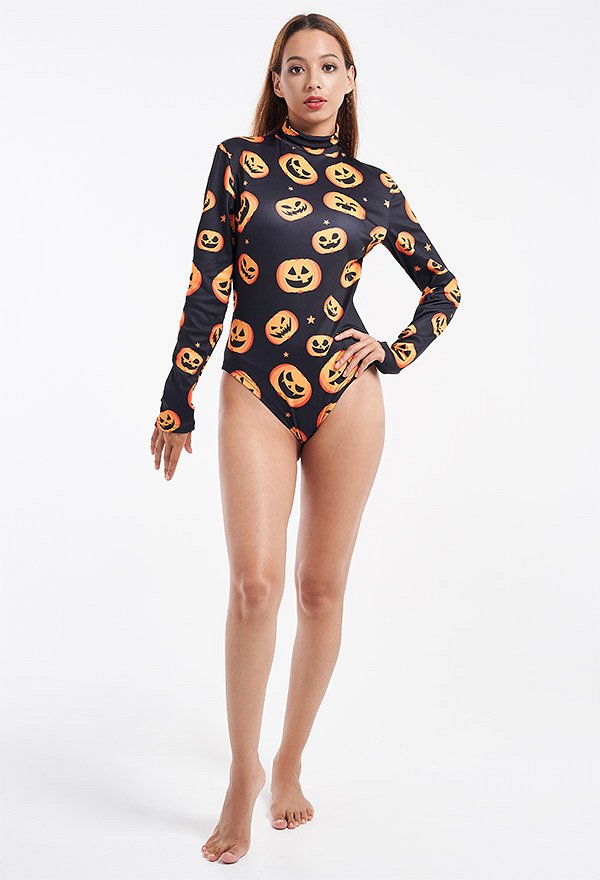 Halloween Dunkler Stil Damen Einteiliger Tanztrikot Bodysuit Lange Ärme Rollkragen Hoher Gabel Bodysuit mit Kürbis Muster Cosplay Kostüm