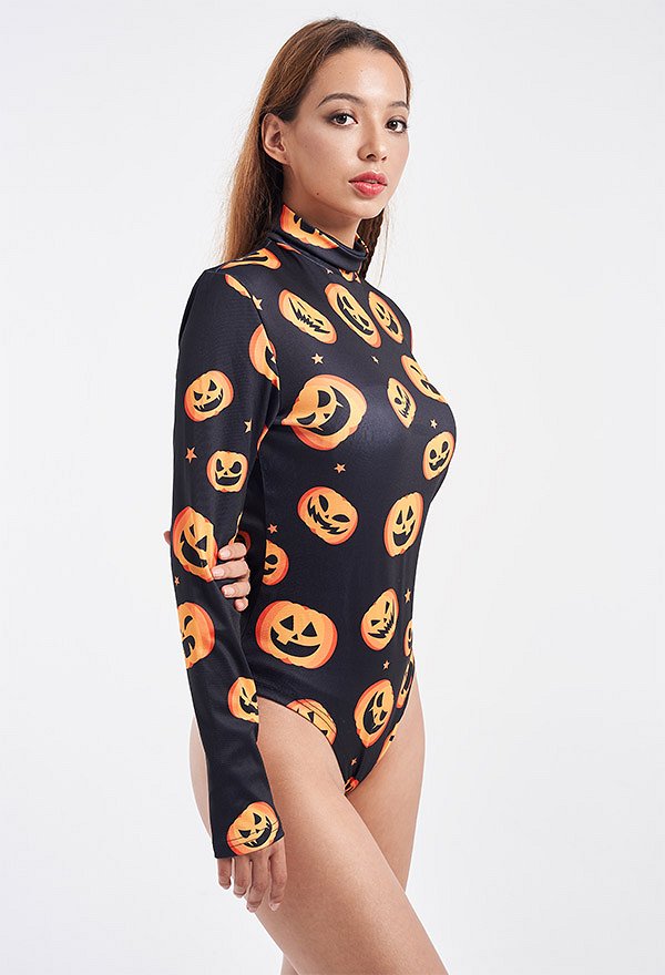 Halloween Dunkler Stil Damen Einteiliger Tanztrikot Bodysuit Lange Ärme Rollkragen Hoher Gabel Bodysuit mit Kürbis Muster Cosplay Kostüm
