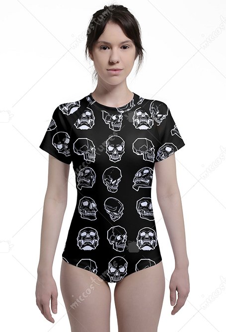 Halloween Dunkler Stil Sportbekleidung Tanztrikot Schädel Comics Muster Kurzarm Bodysuit Set Cosplay Kostüm