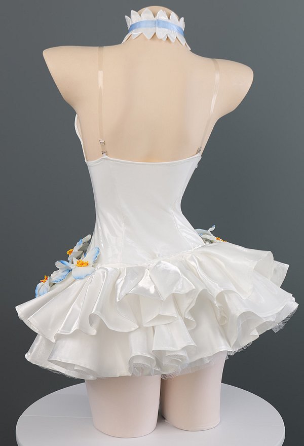 Hada de las Flores Nemophila Disfraz de Cosplay Leotado Blanco y Pantimedias con Decoraciones Florales y Cola
