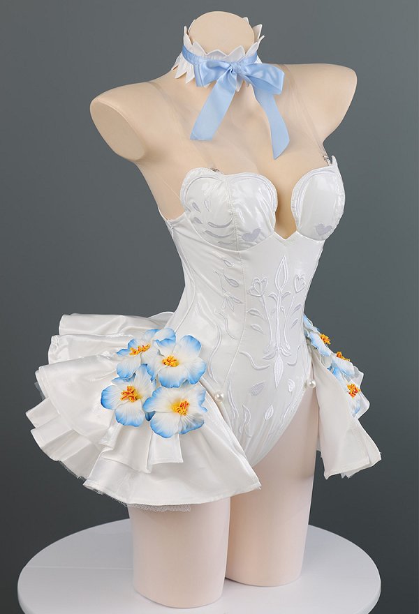 Hada de las Flores Nemophila Disfraz de Cosplay Leotado Blanco y Pantimedias con Decoraciones Florales y Cola