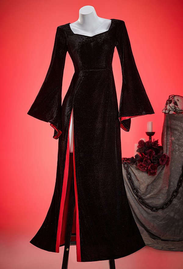 Halloween Wednesday Morticia Addams Gothic Cosplay Costume Red and Black Wide Sleeve Dress