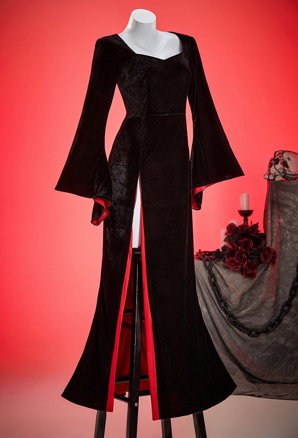 Halloween Wednesday Morticia Addams Gothic Cosplay Costume Red and Black Wide Sleeve Dress