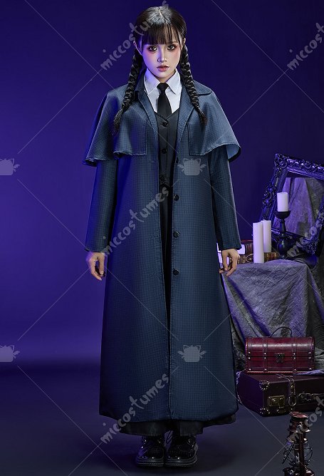 Wednesday Addams Halloween Cosplay Kostüm Hemd und Weste mit Mantel und Rock