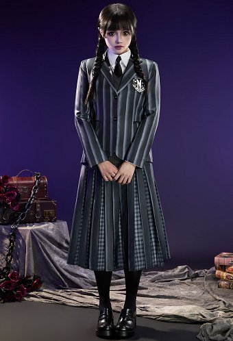 Wednesday Addams Cosplay Kostüm Schwarz Grau Gestreiftes Schuluniform Hemd Weste mit Jacke Rock