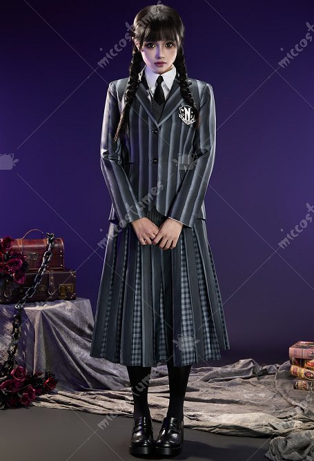 Wednesday Addams Cosplay Kostüm Schwarz Grau Gestreiftes Schuluniform Hemd Weste mit Jacke Rock