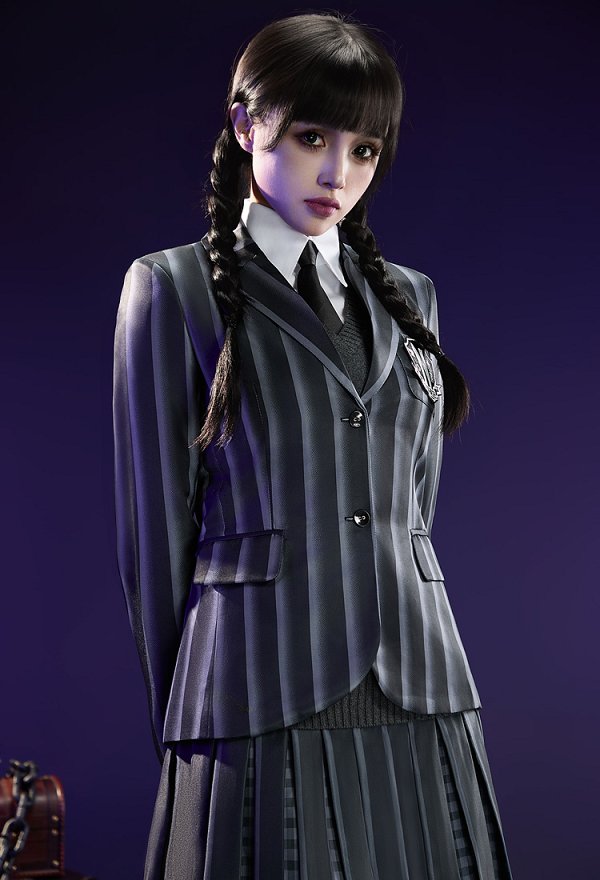 Wednesday Addams Cosplay Traje de uniforme escolar a rayas negras y grises con camisa y chaleco, chaqueta y falda.