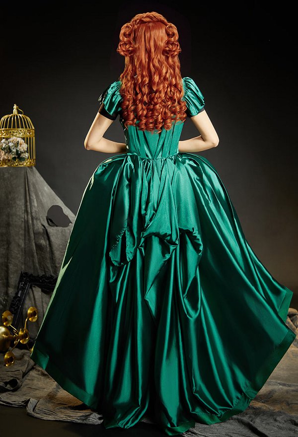 Wednesday Agnes DeMille Cosplay Vestido de fiesta verde con mangas cortas y bajos