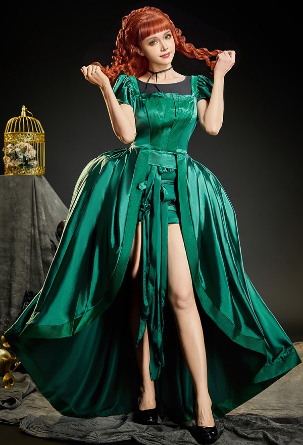 Wednesday Agnes DeMille Cosplay Vestido de fiesta verde con mangas cortas y bajos