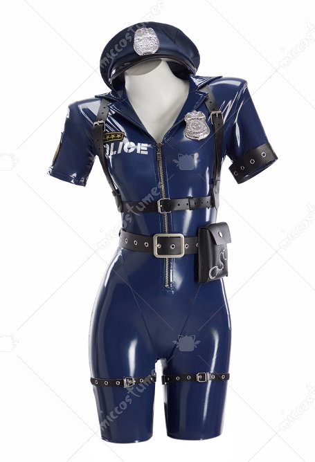 Disfraz de policía femenina mono azul marino con gorra y cinturón