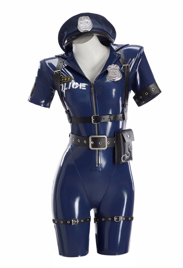 Female Polizistinnen Cosplay Kostüm PU-Leder Sexy Blauer Bodysuit mit Hut und Gürtel Female Polizistinnen Cosplay Kostüm PU-Leder Sexy Blauer Bodysuit mit Hut und Gürtel