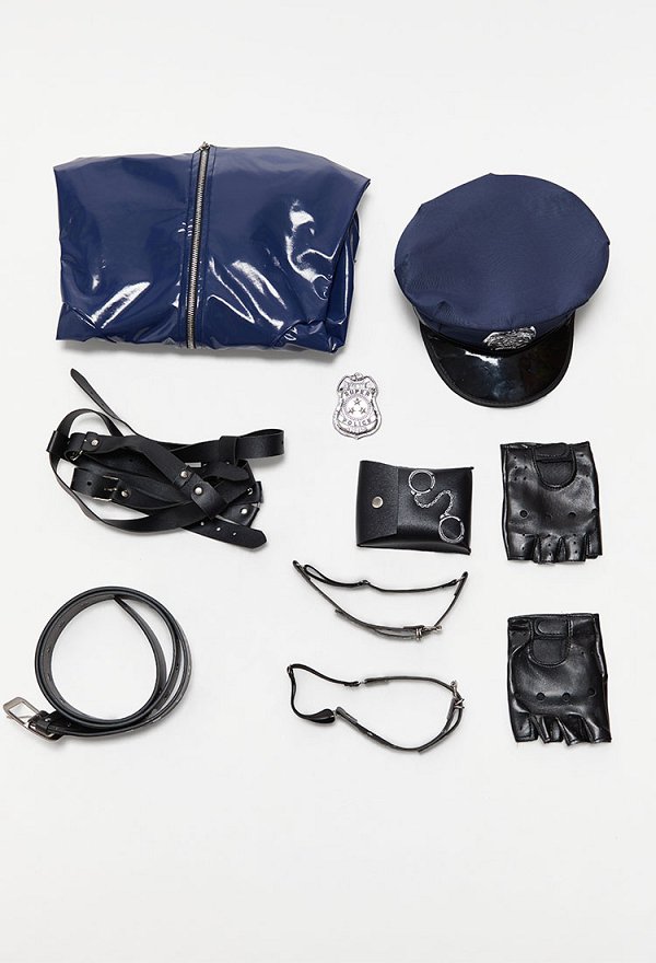 Female Polizistinnen Cosplay Kostüm PU-Leder Sexy Blauer Bodysuit mit Hut und Gürtel Female Polizistinnen Cosplay Kostüm PU-Leder Sexy Blauer Bodysuit mit Hut und Gürtel