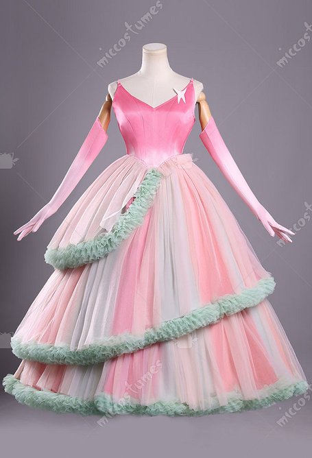 Costume de cosplay Glinda la méchante Robe en tulle rose et verte avec gants et jupon