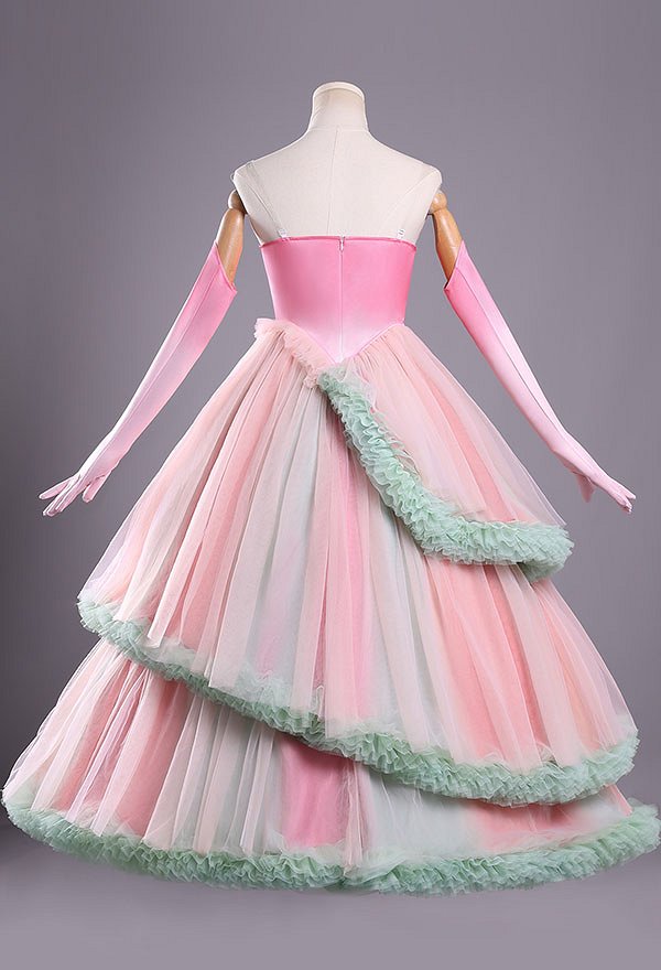 Wicked Glinda Cosplay Vestido de tul rosa y verde con guantes y crinolina