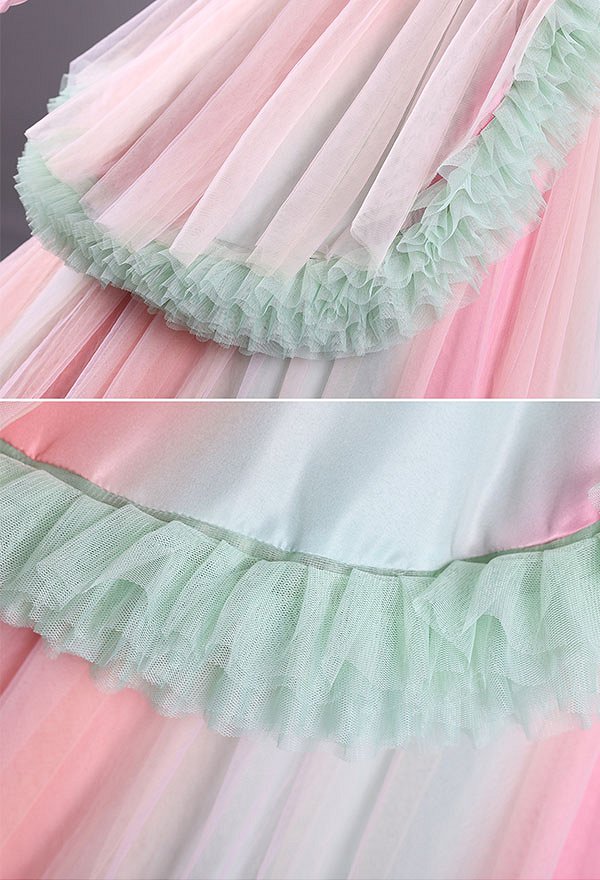 Wicked Glinda Cosplay Vestido de tul rosa y verde con guantes y crinolina