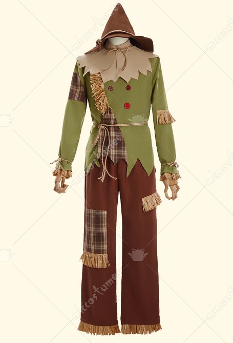 El Mago Espantapájaros Disfraz de Cosplay Disfraz de Halloween Patchwork Top y pantalones con sombrero y bufanda