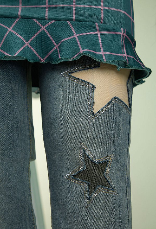 Musa Derivada Regular Wear Conjunto Top Vaina De Cuadros Y Pantalón Acampanado Recortado Estrellas Con Cinturón Y Guantes