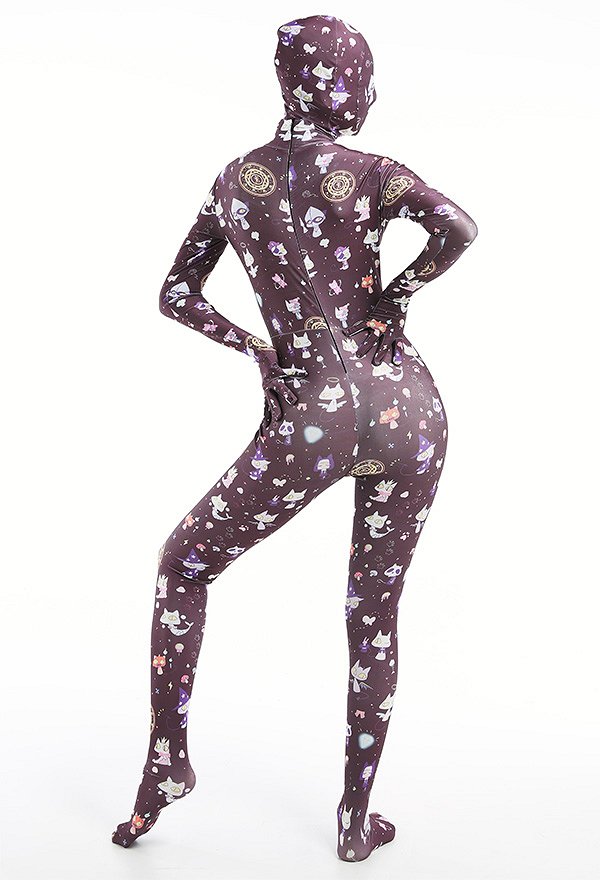 Combinaison Noir de Déguisement Halloween Zentai pour Adultes avec Impression des Chat Sorcière Pirate Ange Citrouille