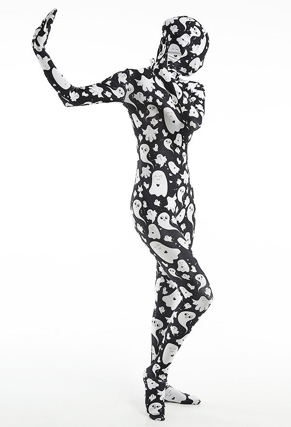 Combinaison de Déguisement Halloween Zentai pour Adultes avec Impression des Motifs Fantôme Mignon