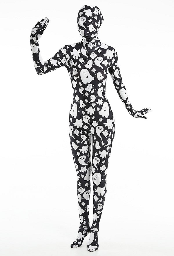 Combinaison de Déguisement Halloween Zentai pour Adultes avec Impression des Motifs Fantôme Mignon
