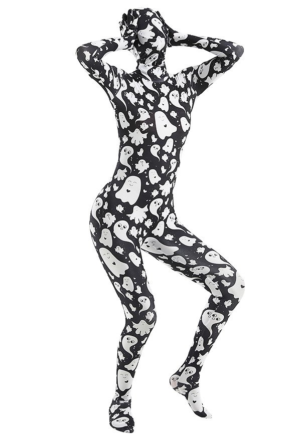 Combinaison de Déguisement Halloween Zentai pour Adultes avec Impression des Motifs Fantôme Mignon