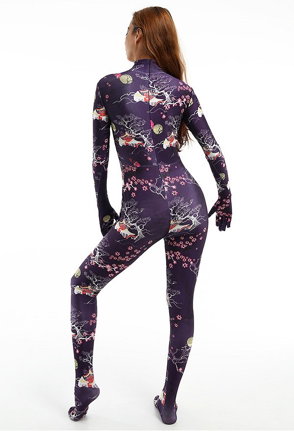 Combinaison Halloween Zentai pour Adultes avec Impression des Pavillons Traditionnels Japonais