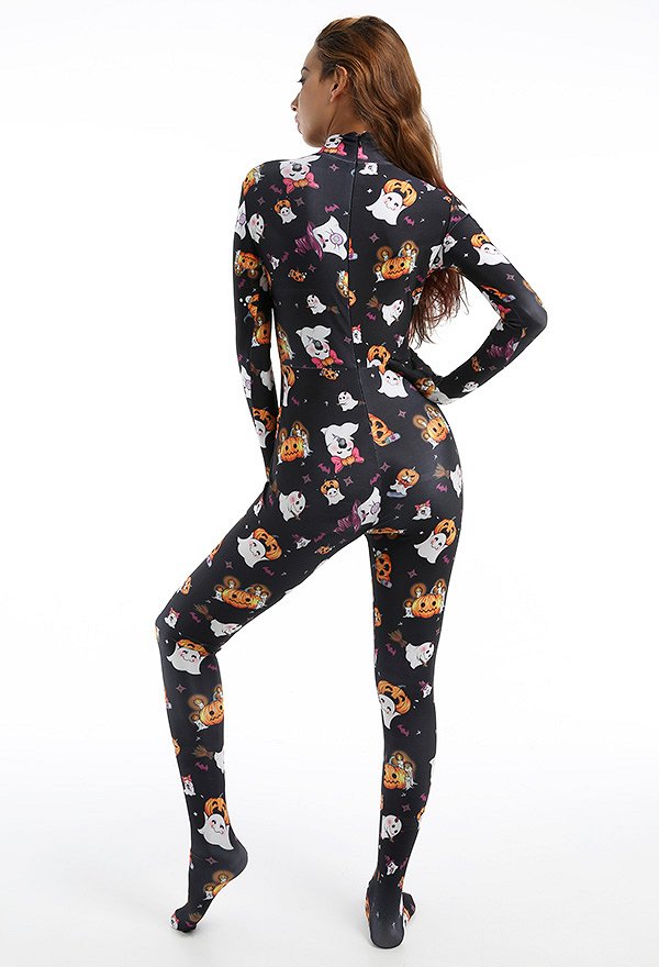 Combinaison de Déguisement Halloween Zentai pour Adultes avec Impression des Motifs de Citrouille Fantôme