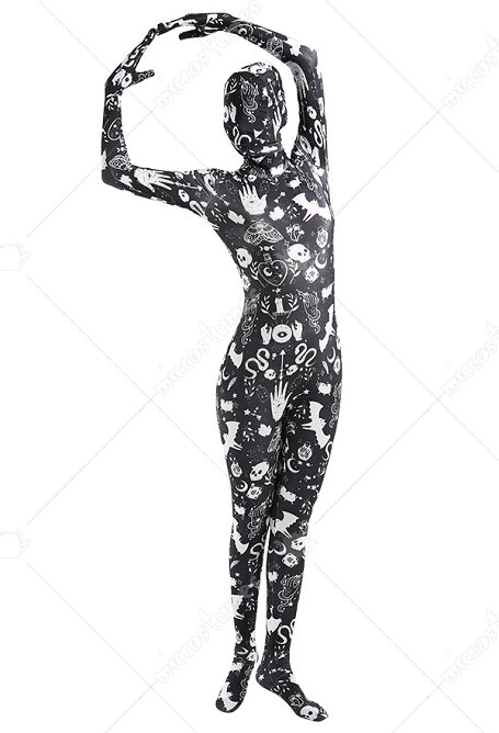 Combinaison de Déguisement Halloween Zentai pour Adultes avec Impression des Éléments Sorciers