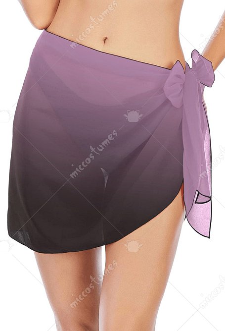 Pareo corto para playa con estampado degradado morado y negro confeccionado en gasa para bikini