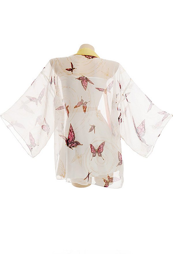 Haori Cover-up with Pink Butterfly Summer Kimono Cardigan