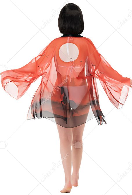 Haori Cover-up with Red Sunset Horse Pattern Summer Kimono Cardigan