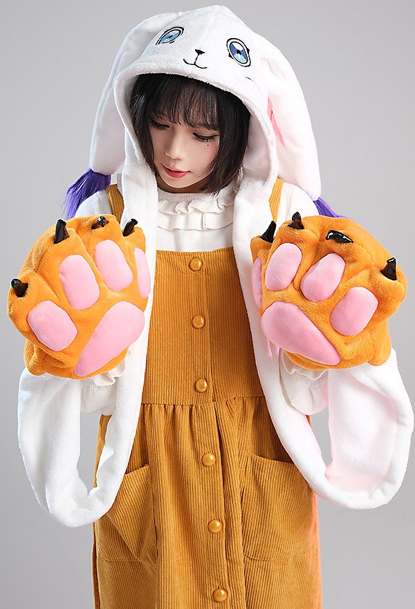 Tailmon Derivative Kawaii Hat Cartoon Plush Animal Winter Ski Hat Cap with Attached Scarf