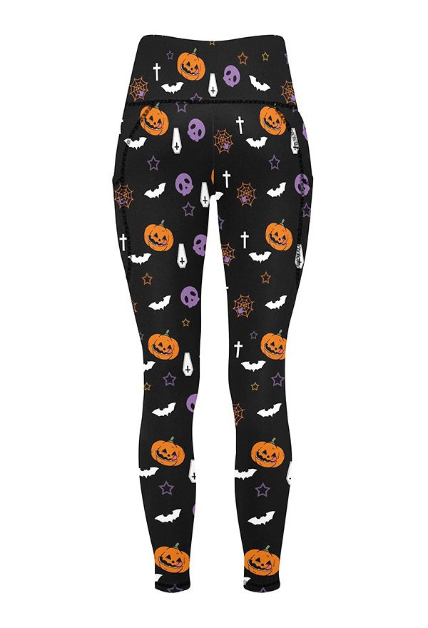 Halloween Women Leggings Pumpkin Prints Yoga Workout Black Sportswear