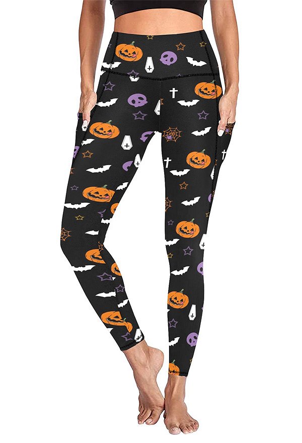 Halloween Women Leggings Pumpkin Prints Yoga Workout Black Sportswear