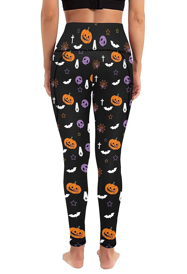 Halloween Women Leggings Pumpkin Prints Yoga Workout Black Sportswear